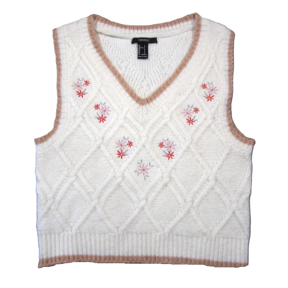 Forever 21 Wool Blend Sweater Vest S White Floral Cable Knit Cottagecore Grandma